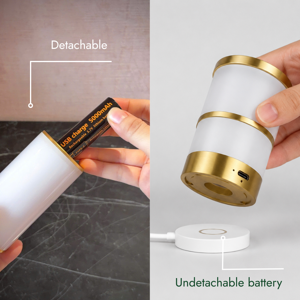 A cylindrical white and gold portable battery pack shown in a split demonstration: on the left, a hand inserts a battery into the detachable unit with text reading 'Detachable'; on the right, a hand holds the unit above a separate white charging pad with text reading 'Undetachable battery'.