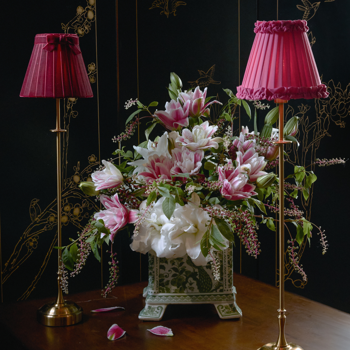 METALL Rechargeable Lamp with Fuchsia Frilled Fabric Lampshade