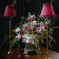 METALL Rechargeable Lamp with Fuchsia Frilled Fabric Lampshade