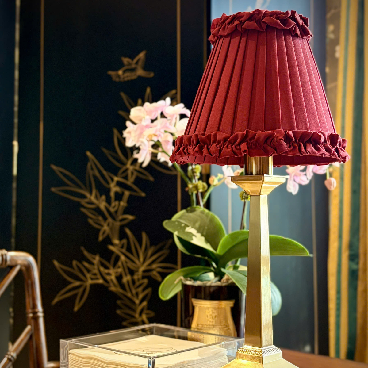 EIFFEL Rechargeable Lamp with Red Wine Frilled Fabric Lampshade