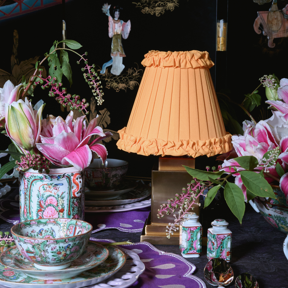 OSCAR Brass Rechargeable Lamp with Marigold Frilled Fabric Lampshade