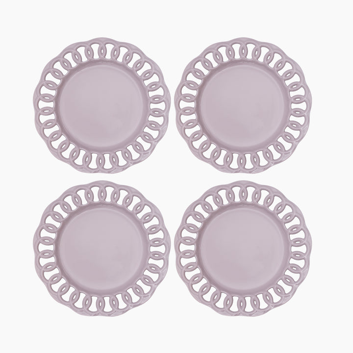 Set of four pink violet ceramic dinner plates with openwork lace borders