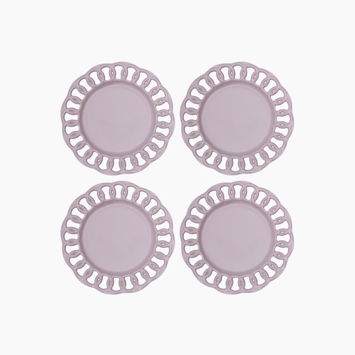 Set of four pink violet ceramic salad plates with lace borders