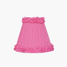 Handcrafted rattan cordless lamp with a bright pink pleated lampshade, adding a pop of color to any decor.