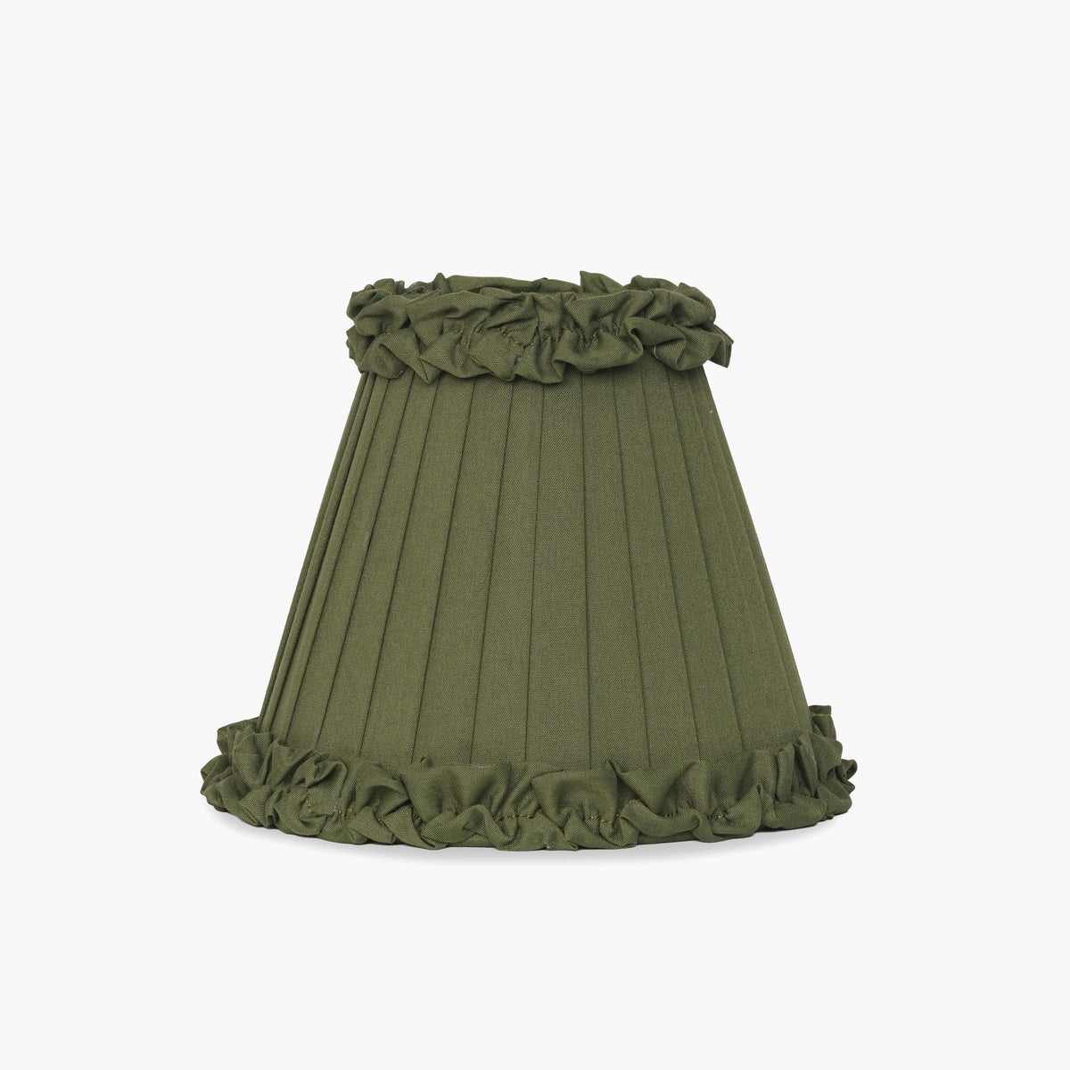 Handcrafted rattan cordless lamp with an olive green pleated fabric shade.