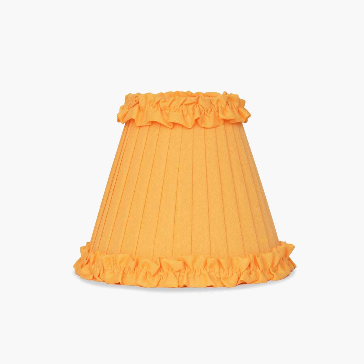 Handcrafted rattan cordless lamp with a vibrant orange pleated lampshade and ruffled edges.