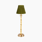 Natural bamboo rechargeable lamp with velvet shade featuring an olive green velvet lampshade, enhancing artisan home decor.