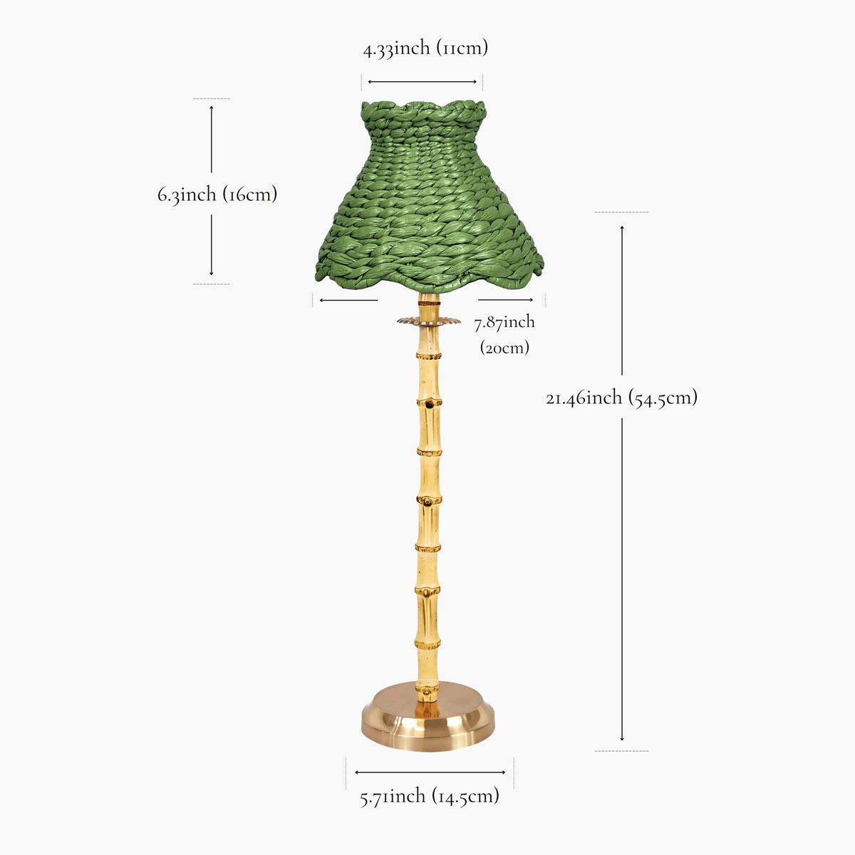 Bamboo rechargeable lamp with seagrass shade showcasing detailed dimensions and artisan design in earthy tones.