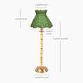 Bamboo rechargeable lamp with seagrass shade showcasing detailed dimensions and artisan design in earthy tones.