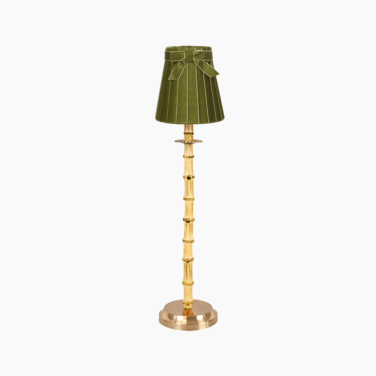 bamboo rechargeable lamp with olive green shade showcasing handcrafted artisan decor and natural materials.
