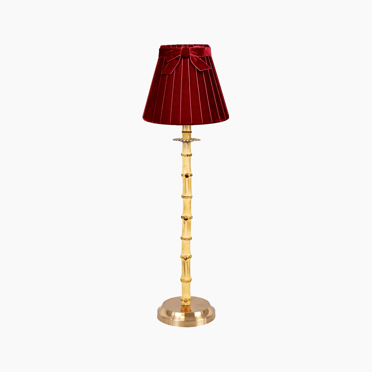 Bamboo rechargeable lamp with velvet lampshade featuring a luxurious crimson velvet shade and natural bamboo base.