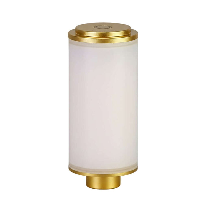 Handcrafted rattan cordless lamp in elegant design with a golden base and frosted glass shade.