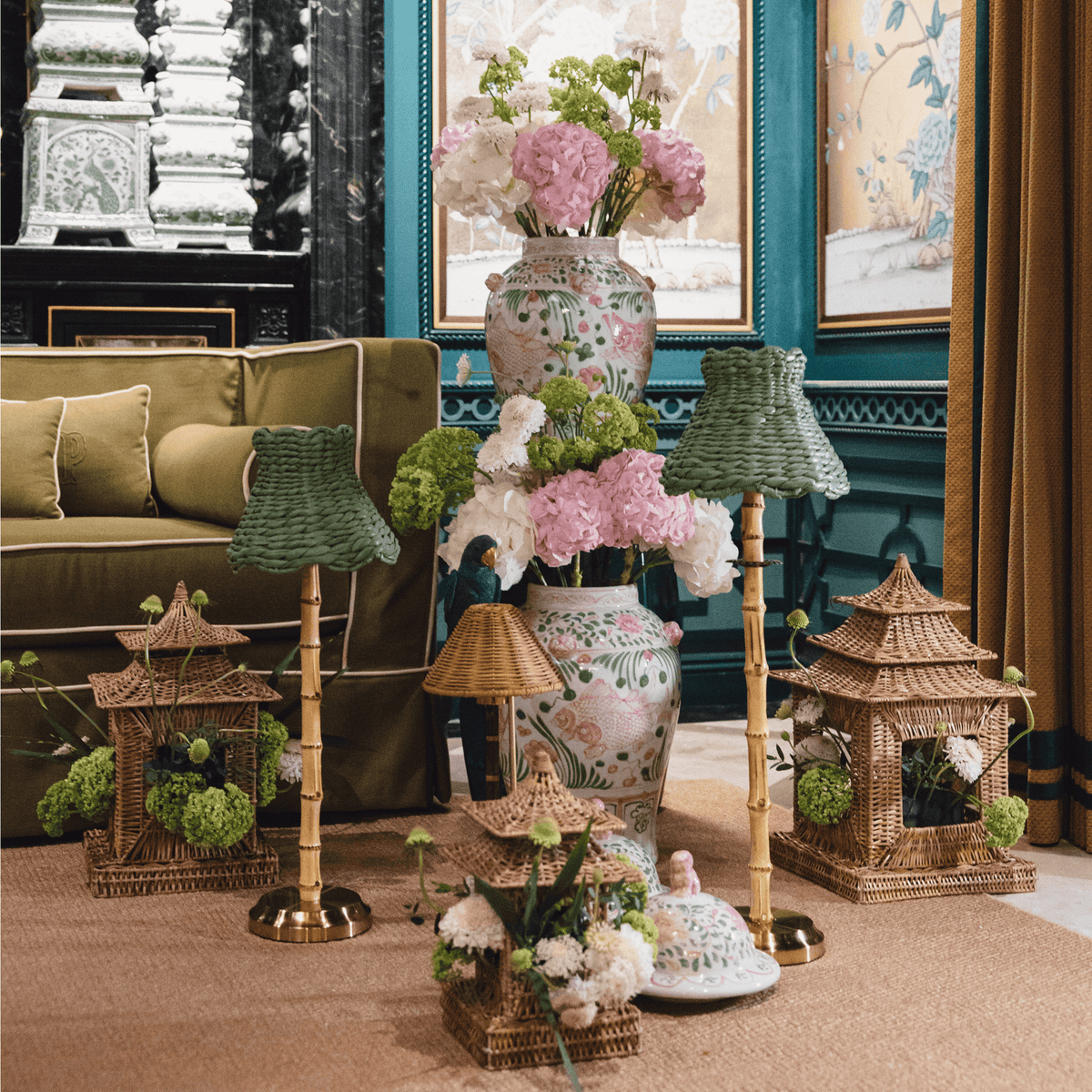 Stylish living space featuring bamboo rechargeable lamp with seagrass shade and decorative vases, enhancing artisan home decor.