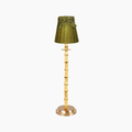 Handcrafted bamboo rechargeable lamp with olive green shade adds artisan elegance and ambient light to your home decor.
