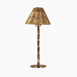 Handcrafted rattan cordless lamp featuring wood tone design, elegant aesthetic, and durable materials for artisan home decor.